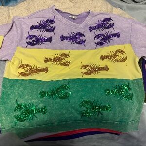 Bibi Mardi Gras Color Block Sequin crawfish lightweight Sweatshirt